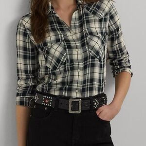 Ralph Lauren Slim Fit Plaid Herringbone Snap Button Shirt Top Size L